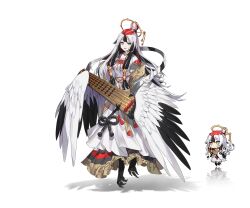 Rule 34 | 1girl, artist request, bird legs, black hair, black wings, check artist, chibi, clover theater, feathered wings, full body, hair between eyes, harpy, instrument, jewelry, koto (instrument), long hair, looking at viewer, monster girl, multicolored hair, official art, satsuki (clover theater), streaked hair, talons, toe ring, two-tone wings, white hair, white wings, winged arms, wings, x-boy