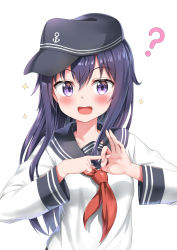 Rule 34 | 1girl, :d, ?, absurdres, akatsuki (kancolle), anchor symbol, black hat, blush, collarbone, fig sign, flat cap, hair between eyes, hat, highres, kantai collection, long sleeves, looking at viewer, neckerchief, nedia (nedia region), open mouth, penetration gesture, purple eyes, purple hair, red neckerchief, school uniform, serafuku, shirt, smile, solo, sparkle, upper body, white background, white shirt