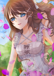 Rule 34 | 1girl, absurdres, alternate hairstyle, aqua bow, aqua dress, aqua eyes, aqua skirt, artist name, artist request, back bow, bare shoulders, black bow, blooming garden (love live!), blue eyes, blue sky, blush, bow, bowtie, bracelet, breasts, brown hair, center frills, cleavage, close-up, cloud, collarbone, criss-cross halter, cross-laced clothes, cross-laced dress, curly hair, day, dress, female focus, fingering, floating hair, floral print, flower, flower bracelet, flower dress, flower hair ornament, flower print, frilled dress, frilled skirt, frills, gem, hair between eyes, hair bow, hair flower, hair ornament, halterneck, high ponytail, highres, jewelry, key, charm (object), keyhole, long hair, looking at viewer, love live!, love live! nijigasaki high school idol club, love live! school idol festival, love live! school idol festival all stars, miniskirt, osaka shizuku, outdoors, parted lips, pearl (gemstone), pearl bracelet, petals, pink petals, plaid, plaid dress, plaid skirt, pleated, pleated dress, pleated skirt, pocket watch, ponytail, purple bow, purple flower, purple petals, skirt, sky, sleeveless, sleeveless dress, small breasts, smile, solo, striped bow, striped clothes, striped dress, striped skirt, vertical-striped clothes, vertical-striped dress, vertical-striped skirt, watch, wavy hair, white wrist cuffs, wrist cuffs, x hair ornament