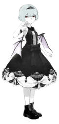 Rule 34 | 1girl, absurdres, amo (silent bomb19), armband, bad id, bad pixiv id, bare shoulders, bat wings, black dress, black footwear, blue hair, boots, closed mouth, dress, frilled dress, frills, from side, full body, greyscale, hair between eyes, hand up, highres, looking at viewer, monochrome, red eyes, remilia scarlet, short hair, simple background, smile, solo, spot color, spread wings, standing, tiara, touhou, white background, wings