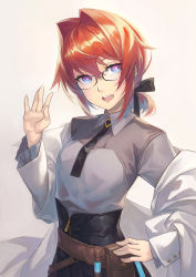 Rule 34 | 1girl, a-er (akkij0358), ange katrina, ange katrina (4th costume), glasses, hair between eyes, hair intakes, hand on own hip, highres, looking at viewer, necktie, nijisanji, open mouth, purple eyes, red hair, short hair, solo, virtual youtuber, white background