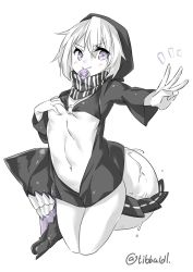 Rule 34 | 10s, 1girl, ^^^, abyssal ship, bad id, bad twitter id, blush, breasts, center opening, closed mouth, colored skin, condom, condom wrapper, cowboy shot, cropped jacket, ebifurya, eyebrows, fang, fang out, female focus, full body, hand on own chest, highres, hood, hoodie, inactive account, kantai collection, limited palette, long sleeves, looking at viewer, monochrome, mouth hold, navel, o-ring, o-ring top, purple eyes, re-class battleship, scarf, simple background, small breasts, smile, solo, spot color, stomach, teeth, twitter username, w, wet, white background, white hair, white skin