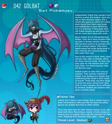 Rule 34 | 1boy, 1girl, absurdly long hair, animal ears, artist name, bat ears, bat girl, bat wings, blue hair, blue skin, breasts, character name, character profile, colored skin, covered mouth, creatures (company), english text, extra mouth, game freak, gen 1 pokemon, golbat, hat, highres, kinkymation, long hair, long tongue, monster girl, nintendo, personification, poke ball, pokemon, profile, purple hair, saliva, scarf, tongue, very long hair, winged arms, wings