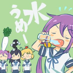 Rule 34 | &gt; &lt;, 10s, 4girls, akebono (kancolle), bandaid, bandaid on face, bell, black hair, brown hair, closed eyes, commentary request, crab, daikon, drinking, eel, flower, glass, hair bell, hair bobbles, hair flower, hair ornament, hand on own hip, highres, kantai collection, long hair, multiple girls, oboro (kancolle), open mouth, pink hair, purple hair, radish, saiguchi otoufu, sazanami (kancolle), school uniform, serafuku, short hair, sitting, sitting on head, sitting on person, translation request, ushio (kancolle), water