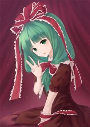 Rule 34 | 1girl, between legs, blunt bangs, bow, brown dress, commentary request, curtains, dress, expressionless, frilled ribbon, frills, front ponytail, green eyes, green hair, hair bow, hand between legs, head tilt, highres, kagiyama hina, kanpa (campagne 9), light particles, long hair, looking at viewer, parted lips, puffy short sleeves, puffy sleeves, red background, red ribbon, ribbon, short sleeves, simple background, sitting, solo, touhou, upper body