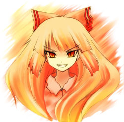 Rule 34 | &gt;:d, 1girl, :d, blonde hair, blunt bangs, clenched teeth, collared shirt, evil smile, female focus, fujiwara no mokou, grin, long hair, looking at viewer, lowres, open mouth, red eyes, shirt, smile, solo, teeth, touhou, v-shaped eyebrows, very long hair, white shirt