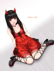 Rule 34 | 1girl, absurdres, arm support, black eyes, black footwear, black gloves, black hair, black hairband, black ribbon, blunt bangs, breasts, cleavage, collarbone, cross-laced clothes, demon horns, fake horns, full body, gloves, hairband, high heels, highres, horns, jewelry, leg ribbon, loafers, long hair, looking at viewer, makeup, maou (demonlord), medium breasts, miniskirt, necklace, original, platform footwear, red lips, red skirt, ribbon, shoes, sitting, skirt, sleeveless, smile, solo, straight hair, wariza