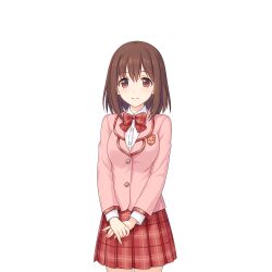 Rule 34 | brown eyes, brown hair, jacket, looking ahead, looking at viewer, medium hair, necktie, official art, pink jacket, pleated skirt, princess connect!, red necktie, red skirt, school uniform, skirt, tachi-e, transparent background, yui (princess connect!), yui (real) (princess connect!)