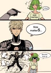 Rule 34 | 1boy, 1girl, anger vein, ayaki blade, black sclera, blonde hair, blue shorts, blurry, colored sclera, comic, commentary, crack, cracked wall, curly hair, cyborg, earrings, english commentary, english text, genos, green eyes, green hair, highres, jewelry, midriff peek, one-punch man, pointing, saitama (one-punch man), shaded face, shirt, short shorts, shorts, stud earrings, t-shirt, tatsumaki, twitter username, watermark