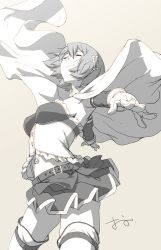 Rule 34 | 1girl, armpits, artist name, belt, boots, cape, closed mouth, commentary request, elbow gloves, foreshortening, fortissimo, frilled shirt, frills, gloves, greyscale, hair ornament, magical girl, mahou shoujo madoka magica, mahou shoujo madoka magica (anime), miki sayaka, miniskirt, monochrome, musical note, musical note hair ornament, oono tsutomu, outstretched arms, pleated skirt, shirt, short hair, signature, skirt, smile, solo, spread arms, standing, strapless, thigh boots, thighhighs, thighs, wind