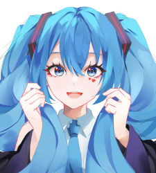 Rule 34 | 1girl, :d, bad id, bad pixiv id, blouse, blue eyes, blue hair, blue necktie, collared shirt, facial tattoo, hair between eyes, hatsune miku, highres, long hair, looking at viewer, mikaduki 3636, necktie, open mouth, shirt, smile, solo, tattoo, upper body, very long hair, vocaloid, white shirt, wing collar