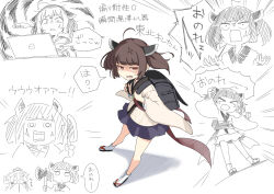 Rule 34 | &gt; &lt;, 2girls, ahoge, anger vein, angry, animal ears, at computer, axe, backpack, bag, black bag, blue skirt, blunt bangs, brown hair, brown kimono, chibi, chibi inset, clenched hands, commentary request, computer, ears down, frown, furious, furrowed brow, half-closed eyes, headgear, high ponytail, highres, holding, holding axe, holding knife, holding strap, japanese clothes, jitome, kimono, kitchen knife, knife, laptop, leaning forward, long sleeves, looking at viewer, medium hair, multiple girls, multiple views, nhk (voiceroid), obi, open mouth, partially colored, pleated skirt, pun, randoseru, red eyes, sandals, sash, scared, shiyoheee, short kimono, shouting, siblings, simple background, sisters, skirt, socks, standing, tabi, tantrum, tearing up, touhoku itako, touhoku kiritan, translation request, trembling, twintails, v-shaped eyebrows, voiceroid, white background, white socks, wide sleeves, zouri