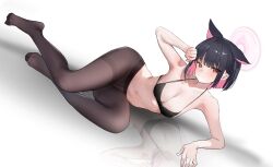 Rule 34 | 1girl, animal ears, black bra, black hair, blue archive, bra, breasts, cat ears, cleavage, colored inner hair, crexby, extra ears, halo, highres, kazusa (blue archive), looking at viewer, lying, medium breasts, multicolored hair, no shoes, on side, pantyhose, pink hair, reflection, short hair, smile, solo, thighband pantyhose, two-tone hair, underwear