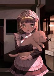 Rule 34 | 1girl, absurdres, animal, apron, bow, brown eyes, brown hair, building, child, dog, dress, frilled dress, frills, highres, holding, holding animal, looking at viewer, maid, maid apron, maid headdress, medium hair, namuta (namu t22), open mouth, original, outdoors, pink bow, puppy, window