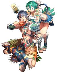 Rule 34 | 1boy, 1girl, alternate costume, bare shoulders, curly hair, eyepatch, feather hair ornament, feathers, food, geetgeet, glasses, gloves, hair ornament, hat, headband, nintendo, pandoria (xenoblade), pointy ears, sandals, short hair, smile, white background, xenoblade chronicles (series), xenoblade chronicles 2, zeke von genbu (xenoblade)