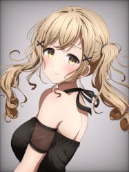 Rule 34 | 1girl, absurdres, bang dream!, bare shoulders, black dress, blonde hair, blurry, breasts, crossed bangs, curly hair, depth of field, dress, from side, hair ornament, highres, ichigaya arisa, long hair, looking at viewer, medium breasts, noshimurin, off-shoulder dress, off shoulder, short sleeves, shoulder blades, solo, twintails, upper body, x hair ornament, yellow eyes