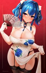 Rule 34 | 1girl, artist name, azur lane, blue hair, blush, braid, breasts, china dress, chinese clothes, cleavage, commentary request, covered navel, cowboy shot, dress, floral print, folding fan, garter belt, gloves, gradient background, groin, hair between eyes, hair ribbon, hand fan, hand up, holding, holding fan, large breasts, looking at viewer, marota, pelvic curtain, purple eyes, red background, ribbon, short hair, sleeveless, sleeveless dress, smile, solo, st. louis (azur lane), st. louis (blue and white pottery) (azur lane), standing, thighhighs, thighs, twin braids, twintails, twitter username, white dress, white gloves, white ribbon