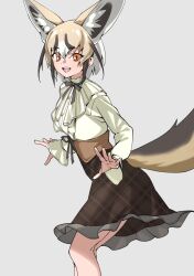 Rule 34 | absurdres, animal ears, black bow, black bowtie, blonde hair, blush, bow, bowtie, brown hair, brown skirt, casual, collar, commentary, cowboy shot, extra ears, fox ears, fox girl, fox tail, frilled collar, frills, grey background, high-waist skirt, highres, kemono friends, kemono friends 3, long sleeves, looking at viewer, multicolored hair, official alternate costume, open mouth, orange eyes, plaid, plaid skirt, puffy sleeves, rueppell&#039;s fox (kemono friends), shirt, short hair, sidelocks, simple background, skirt, smile, tail, tanabe (fueisei), white hair, white shirt