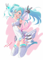 Rule 34 | 10s, 1girl, 2014, aqua eyes, aqua hair, armpits, artist name, boots, covered navel, dated, double v, elbow gloves, gloves, hatsune miku, jumping, long hair, open mouth, race queen, racing miku, racing miku (2014), solo, thigh boots, thighhighs, totsuki touka (orange factory), twintails, v, vocaloid