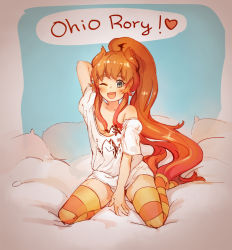 Rule 34 | 1girl, :d, arm between legs, arm up, bed sheet, blue eyes, character request, clothes writing, copyright request, fangs, heart, highres, k (sktchblg), long hair, looking at viewer, one eye closed, open mouth, orange thighhighs, pillow, ponytail, shirt, short sleeves, smile, solo, speech bubble, spoken heart, striped clothes, striped thighhighs, t-shirt, thighhighs, translation request, very long hair, white shirt, zettai ryouiki
