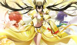 Rule 34 | 3girls, armlet, bandeau, bare shoulders, black hair, blue hair, bracer, breasts, bridal gauntlets, closed eyes, commentary request, cowboy shot, detached sleeves, duel monster, eyebrows hidden by hair, feathers, gold choker, ha-re the sword mikanko, hair between eyes, headgear, highres, long hair, looking at viewer, masin0201, medium breasts, midriff, mirror, multiple girls, navel, ni-ni the mirror mikanko, ohime the manifested mikanko, open clothes, open vest, parted lips, red hair, short hair, showgirl skirt, sidelocks, skirt, smile, solo focus, thighlet, very long hair, vest, white sleeves, white vest, wing hair ornament, yellow bandeau, yellow eyes, yellow skirt, yu-gi-oh!