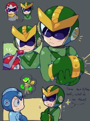 Rule 34 | ..., 3boys, arm cannon, blue eyes, commentary, english commentary, english text, frown, helmet, highres, koafreedraw, male focus, mega man (character), mega man (classic), mega man (series), mega man ii, multiple boys, proto man, quint (mega man), robot, sparkle, spoken ellipsis, sunglasses, thought bubble, upper body, weapon