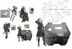 Rule 34 | 1boy, 3girls, arm up, bird, caterpillar tracks, commentary, commission, english commentary, fingerless gloves, full body, glass, gloves, grey hair, gun, haonfest, highres, knee pads, long sleeves, looking ahead, mecha, military, military vehicle, motor vehicle, multiple girls, multiple views, orange eyes, original, robot, shotgun, simple background, solo, standing, tactical clothes, techwear, weapon, white background