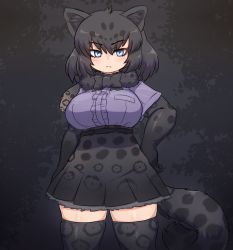Rule 34 | 1girl, animal ears, black bow, black bowtie, black gloves, black hair, black jaguar (kemono friends), black skirt, black thighhighs, blue eyes, blue shirt, bow, bowtie, center frills, commentary request, cowboy shot, elbow gloves, extra ears, forest, frilled skirt, frills, fur collar, gloves, hand on own chest, highres, jaguar ears, jaguar girl, jaguar print, jaguar tail, kemono friends, looking at viewer, nature, pleated skirt, print gloves, print skirt, print thighhighs, shirt, short hair, short sleeves, skirt, solo, tail, thighhighs, zettai ryouiki