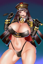 Rule 34 | 1girl, action taimanin, alternate costume, alternate hair color, breasts, curvy, grin, hat, highleg, highleg panties, highres, holding, holding weapon, huge breasts, koukawa asuka, kujouin atsuro, long hair, looking at viewer, naughty face, official alternate costume, panties, revealing clothes, shiny skin, simple background, smile, solo, taimanin (series), thong, underwear, very long hair, weapon, whip, wide hips