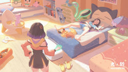 Rule 34 | 2girls, absurdres, anger vein, barefoot, bed, black hair, blue shirt, blue shorts, book, chair, character doll, clefairy, commentary request, creatures (company), drooling, espeon, flareon, frying pan, game freak, gen 1 pokemon, gen 2 pokemon, gen 4 pokemon, gen 7 pokemon, glowing, highres, indoors, lapras, long hair, machaos, multicolored hair, multiple girls, navel, nintendo, on bed, open mouth, original, poke flute, pokemon, pokemon (creature), rotom, rotom dex, rowlet, shiinotic, shirt, short sleeves, shorts, skateboard, slippers, spread legs, teeth, toes, tongue, upper teeth only, wooden floor