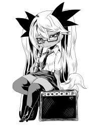 Rule 34 | 10s, 1girl, boots, character request, dog, female focus, full body, furry, furry female, glasses, guitar, highres, instrument, long hair, monochrome, panties, shinobe, show by rock!!, simple background, skirt, solo, twintails, underwear, white background