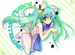 Rule 34 | 1girl, animal ears, aqua eyes, bad id, bad pixiv id, bell, blue scarf, cat ears, cat tail, green hair, hair bell, hair ornament, hatsune miku, kneeling, long hair, mutsu (kitakaze berry), one-piece swimsuit, paw pose, scarf, school swimsuit, solo, swimsuit, tail, thighhighs, tongue, twintails, vocaloid