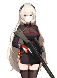 Rule 34 | 1girl, battle rifle, black dress, black thighhighs, blonde hair, breasts, cero (last2stage), commission, dress, feet out of frame, full body, g3 (girls&#039; frontline), g3 (mod3) (girls&#039; frontline), girls&#039; frontline, gloves, gun, h&amp;k g3, large breasts, long hair, long sleeves, looking at viewer, mod3 (girls&#039; frontline), parted lips, pixiv commission, purple eyes, red gloves, rifle, simple background, solo, standing, thighhighs, thighs, weapon, white background