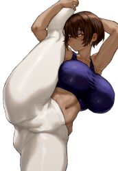 1girl armpits axe_kick breasts brown_hair cameltoe dark-skinned_female dark_skin flexible hand_on_own_leg high_kick highres holding_leg kei_(m_k) kicking kneepits large_breasts leg_hold leg_lift leg_up looking_at_viewer m_k navel original red_eyes short_hair simple_background solo split standing standing_on_one_leg standing_split tall tall_female tan thighs tomboy white_background