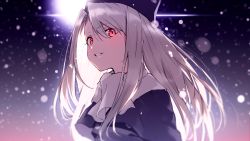 Rule 34 | 1girl, absurdres, blonde hair, blush, capelet, coat, commentary request, fate/stay night, fate (series), fur hat, grin, hat, highres, illyasviel von einzbern, looking at viewer, nyum, papakha, purple capelet, purple coat, purple hat, red eyes, scarf, smile, solo, upper body, white scarf