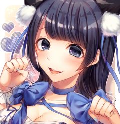 Rule 34 | 1girl, animal ears, black eyes, black hair, blue bow, blue nails, blue neckwear, blue ribbon, blush, bow, breasts, cat ears, character request, choker, cleavage, commentary, copyright request, hair ribbon, heart, large breasts, long hair, looking at viewer, nail polish, ntk (7t5), open mouth, ribbon, smile, solo, teeth, text focus, translation request, wrist cuffs