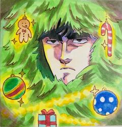 Rule 34 | 1boy, black hair, christmas ornaments, christmas tree, derivative work, expressionless, head only, highres, hokuto no ken, kenshiro, looking to the side, male focus, meme, scene reference, solo, tatutatuta45