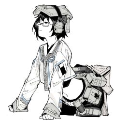 Rule 34 | 1girl, ammunition pouch, ass, belt, belt buckle, black hair, buckle, crop top, ear protection, glasses, headphones, japanese clothes, long sleeves, looking ahead, mxnagant, navel, original, pouch, short hairstretching, tactical clothes, wide sleeves