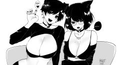 Rule 34 | 2girls, absurdres, animal ears, bikini, bikini top only, breasts, cat ears, choker, cleavage, commentary, couch, desyana laurentia, detached sleeves, earrings, english commentary, english text, fangs, fingernails, glasses, greyscale, high contrast, highres, huge breasts, jewelry, kemonomimi mode, large breasts, looking at viewer, midriff, mole, mole on breast, mole under eye, monochrome, multiple girls, necklace, norman maggot, o-ring, o-ring choker, olive laurentia, original, paw pose, pixie cut, short hair, shrug (clothing), siblings, sisters, sitting, spaghetti strap, speech bubble, swimsuit, very short hair, yin yang