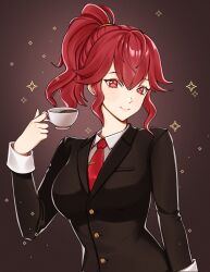 Rule 34 | 1girl, alternate costume, anna (fire emblem), black jacket, breasts, brown background, commentary, cup, fire emblem, hand up, highres, holding, holding cup, jacket, large breasts, long hair, looking at viewer, mari48240422, necktie, nintendo, ponytail, red eyes, red hair, red necktie, smile, solo, teacup, upper body