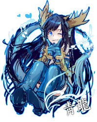 Rule 34 | 1girl, ankle boots, black hair, blue eyes, blue footwear, blue gloves, blue thighhighs, blush, boots, brass knuckles, china dress, chinese clothes, dragon girl, dragon horns, dragon tail, dress, elbow gloves, fang, fingers to cheeks, fins, full body, gloves, head fins, heart, horns, karin (p&amp;d), long hair, meer rowe, one eye closed, puzzle &amp; dragons, short sleeves, simple background, smile, solo, spikes, tail, thighhighs, very long hair, weapon, white background, white dress