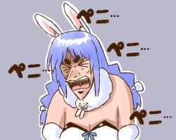 Rule 34 | &gt; &lt;, 1girl, animal ear fluff, animal ears, bare shoulders, black leotard, blue bow, blue hair, bow, braid, breasts, cleavage, closed eyes, coat, commentary request, detached sleeves, hololive, leotard, long hair, nekoyama, open mouth, outline, parody, parody request, pointy nose, rabbit ears, rabbit girl, short eyebrows, simple background, solo, strapless, sweat, teeth, thick eyebrows, translation request, twin braids, upper body, upper teeth only, usada pekora, usada pekora (1st costume), virtual youtuber, white coat, white outline, white sleeves