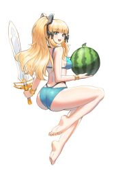Rule 34 | 1girl, :d, ass, back, bare legs, bare shoulders, barefoot, bikini, black bow, blonde hair, blue bikini, blue eyes, blunt bangs, bow, bracelet, breasts, feet, food, from behind, fruit, hair bow, highres, holding, holding sword, holding weapon, jewelry, layered bikini, long hair, looking at viewer, looking back, medium breasts, open mouth, ponytail, princess connect!, saren (princess connect!), saren (summer) (princess connect!), sidelocks, simple background, smile, solo, string bikini, swimsuit, sword, thighs, watermelon, weapon, white background, yareen