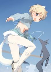 Rule 34 | 10s, 1girl, animal ears, ass, blonde hair, blue eyes, boots, brave witches, breasts, broom, fox, long sleeves, looking back, lowres, medium breasts, midriff, nikka edvardine katajainen, open mouth, pantyhose, ribbed sweater, shimada fumikane, short hair, solo, strike witches, sweater, tail, thread, tonttu, underboob, weasel ears, weasel tail, white pantyhose, world witches series