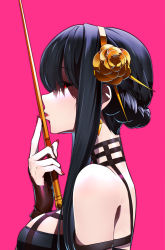 Rule 34 | 1girl, absurdres, bare shoulders, black dress, black hair, breasts, dagger, dress, earrings, from side, gloves, gold hairband, hair ornament, hairband, highres, holding, holding dagger, holding knife, holding weapon, jewelry, knife, large breasts, long hair, looking at viewer, mogege gk, parted lips, pink background, red eyes, sidelocks, simple background, solo, spy x family, weapon, yor briar