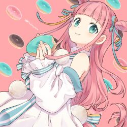 Rule 34 | 1girl, artist name, blue eyes, blue ribbon, blush, chinese commentary, detached sleeves, double bun, doughnut, dress, eating, food, from side, hair behind ear, hair bun, hair ribbon, holding, holding food, jiyuu (xjuyux), long hair, looking at viewer, orange ribbon, original, pink background, pink hair, pom pom (clothes), ribbon, sleeves past wrists, smile, solo, two-sided ribbon, very long hair, white dress