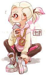 Rule 34 | 1boy, bad id, bad twitter id, black pantyhose, black shorts, blouse, cellphone, chain, dated, ear piercing, earclip, gold chain, hood, hoodie, inkling, inkling boy, inkling player character, jewelry, leggings, leggings under shorts, male focus, necklace, nintendo, pantyhose, phone, piercing, pink shirt, pointy ears, ponytail, red eyes, shirt, shoes, shorts, simple background, sitting, smartphone, sneakers, solo, splatoon (series), splatoon 2, tentacle hair, undercut, white background, white hair