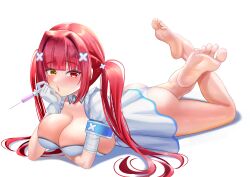 Rule 34 | 1girl, absurdres, ass, barefoot, blush, breasts, cleavage, feet, heterochromia, highres, hololive, houshou marine, large breasts, long hair, looking at viewer, lying, on stomach, panties, parted lips, red eyes, red hair, soles, syringe, the pose, toes, twintails, underwear, virtual youtuber, yellow eyes