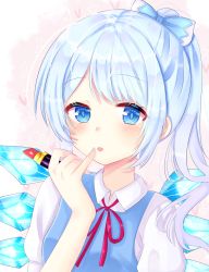 Rule 34 | 1girl, alternate hairstyle, arm up, bad id, bad pixiv id, blue dress, blue eyes, blue hair, blue nails, blush, bow, cirno, commentary request, cosmetics, dress, finger to mouth, gradient background, hair bow, holding, holding lipstick tube, leaning to the side, lipstick, lipstick tube, makeup, nail polish, neck ribbon, nibosi, open mouth, parted lips, pinafore dress, pink background, pinky to mouth, ponytail, puffy short sleeves, puffy sleeves, red ribbon, ribbon, shirt, short hair, short sleeves, sleeveless dress, solo, swept bangs, touhou, upper body, white shirt, wings