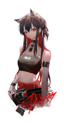 Rule 34 | 0 (znanimo), 1girl, absurdres, alternate costume, animal ear fluff, animal ears, arknights, armpit crease, bare shoulders, belt, belt buckle, belt collar, belt pouch, black belt, black choker, black hair, black nails, black pouch, black shirt, breasts, buckle, character name, choker, circle cutout, closed mouth, clothing cutout, collar, collared shirt, colored inner hair, commentary, cowboy shot, crop top, cropped legs, cropped shirt, detached sleeves, double-parted bangs, earclip, expressionless, extra ears, eyelashes, fingernails, from side, hair between eyes, hair flowing over, hair ornament, hairclip, head tilt, high collar, highres, holding, id card, jewelry, long fingernails, long hair, long sleeves, looking at viewer, low ponytail, low side ponytail, medium breasts, midriff, multicolored hair, multicolored shirt, multiple rings, nail polish, no navel, object request, pants, parted bangs, ponytail, pouch, red eyes, red hair, red pants, red theme, ring, shirt, short ponytail, side ponytail, sidelocks, sideways, sideways glance, simple background, sleeveless, sleeveless shirt, sleeves past wrists, solo, standing, stomach, straight hair, striped clothes, striped shirt, symbol-only commentary, texas (arknights), turtleneck, turtleneck shirt, two-tone hair, two-tone shirt, vertical-striped clothes, vertical-striped shirt, vertical-striped sleeves, very long hair, white background, white belt, white shirt, white sleeves, wolf ears, wolf girl, zipper